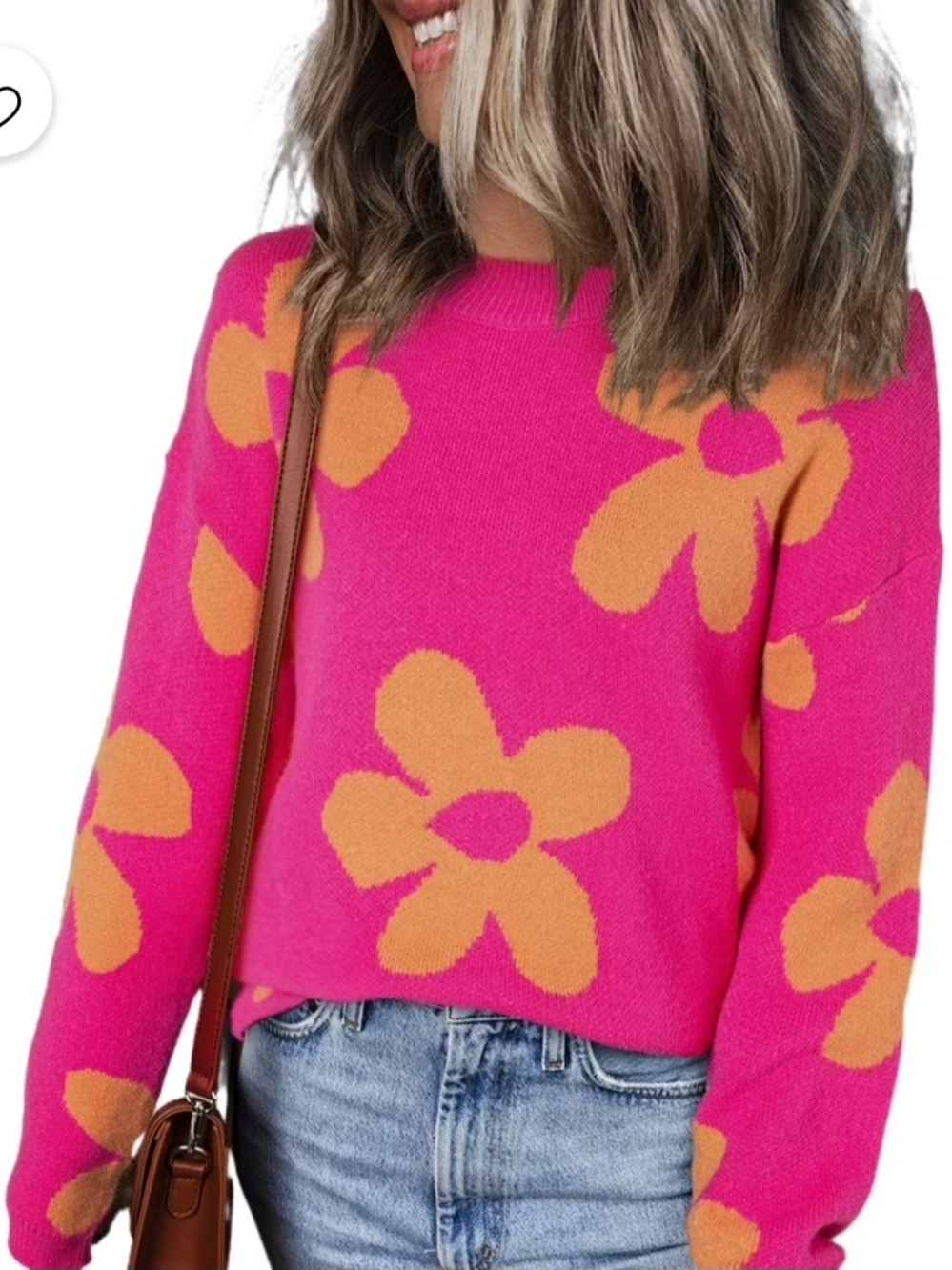 Max Studio Hot Pink Sweater with Orange Floral Motif
